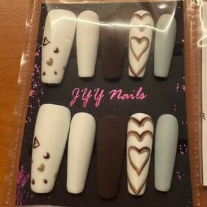 Press On Nails Coffin Shape Brown Hearts Neutral Tones Nails
